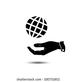 hand and  globe icon, globe symbol. Flat Vector illustration