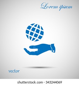 hand and globe icon, globe symbol. Flat Vector illustration