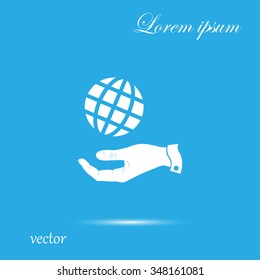 hand and globe icon, globe symbol. Flat Vector illustration