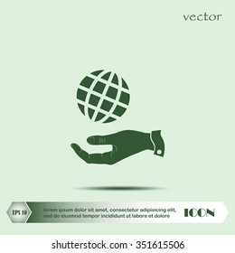 hand and globe icon, globe symbol. Flat Vector illustration