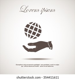hand and globe icon, globe symbol. Flat Vector illustration