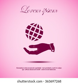 hand and globe icon, globe symbol. Flat Vector illustration