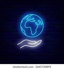 Mão com globo neon crachá. Dia Mundial Internacional. Salve o planeta. Símbolo do braço. Ilustração de estoque vetorial