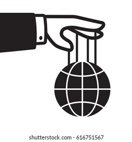 Hand with globe on strings, world domination and control concept. Black and white isolated vector illustration.