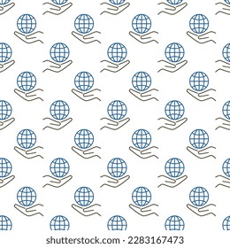 Hand with Globe vector concept seamless pattern in thin line style