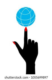 Hand and globe vector icon. Black female hand holds index finger at the globe.
