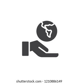 Hand and globe vector icon. filled flat sign for mobile concept and web design. Save earth planet simple solid icon. Symbol, logo illustration. Pixel perfect vector graphics