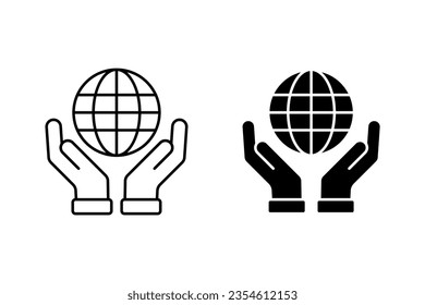 Hand with globe vector icon set. Globus symbol. Peace sign