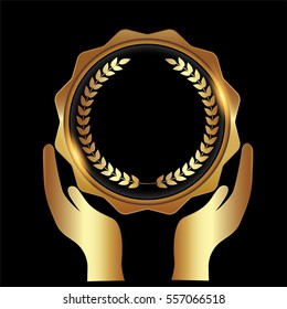 hand with glossy gold badge .Empty space for text,Template for awards, quality mark, diplomas and certificates.