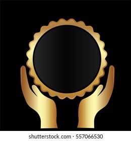 hand with glossy gold badge .Empty space for text,Template for awards, quality mark, diplomas and certificates.