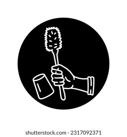 Hand in glove with brush cleaning toilet black line icon. Pictogram for web page, mobile app, promo.