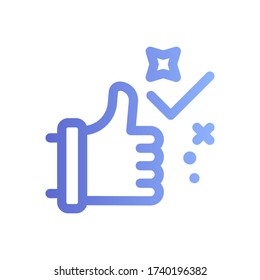 Hand in glove with a check mark. Cleanliness guarantee. Small icon. Line art illustration. Vector file.