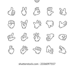 Hand glove gesture. Cartoon comic hands. Thumb down, fist, ok, please, cool and other. Pixel Perfect Vector Thin Line Icons. Simple Minimal Pictogram