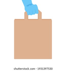 Hand in glove hold copyspace eco paper pack with food delivery. Takeaway food during Coronavirus outbreak time. Parcel with food for online delivery service. Vector illustration