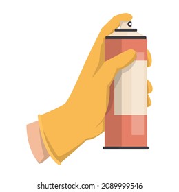 Hand in glove holding aerosol container vector isolated. Air freshener, deodorant or disinfectant.