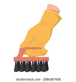 Hand in glove holding broom vector isolated. Cleaning service, wiping floor and different surfaces from dust and dirt. Red cleaning tool. Brush sweeping.