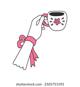 Mano en el guante que sostiene la taza. Gesto con Elegant Antiguas Porcelain y cinta atada. Bebida caliente, café o té. Ilustración vectorial aislada. Estilo de doodle de esquema