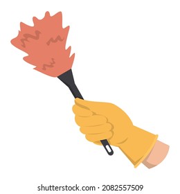 Hand in glove holding feather duster vector isolated. Housework tool, cleaning service concept. Hygiene at home.