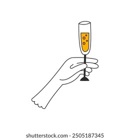 Hand in Glove Holding Glass of Champagne. Hand in Glove Holding Glass of Champagne. Gesture with alcohol drink. Celebration symbol. Doodle isolated vector illustration.