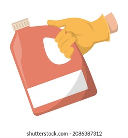 Hand in glove holding liquid detergent bottle vector isolated. Idea of cleaning service, housework and domestic chores. Detergent for washing machine.