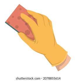 Hand in glove holding sponge vector isolated. Cleaning service, chores and housework concept. Tool for surface and crockery cleaning.