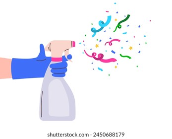 A hand in a glove holding a spray bottle with a confetti. Vector illustration isolated on white background