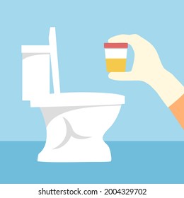 Mano con muestra de orina en la mano de guante para prueba médica en la ilustración vectorial de fondo del inodoro.