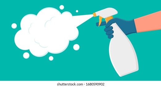 a man’s hand in a glove holds a bottle with a disinfectant.Antiseptic Spray kills viruses and bacteria.The concept of the fight against coronovirus and its prevention. Cleanliness and hygienic at home