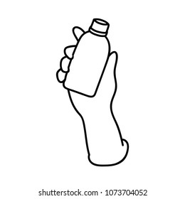 Hand in a glove holds a bottle. 
Vector illustration.