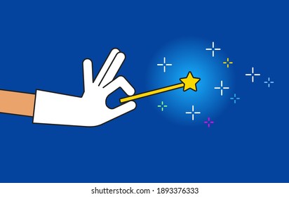 Hand in glove holds magic wand. Vector flat illustration.