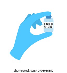 hand in glove with a jar of vaccine ot covid 19. simple flat style. vaccination in 2021