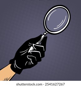Mão em uma luva com uma lupa. Uma detetive está investigando um caso. Busca, negócios e conceito de ideia. Ilustração de arte vetorial. Estilo de arte pop desenhado à mão