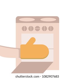 Hand with glove opening oven. Vector illustration, flat design.