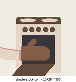 Hand with glove opening oven. Vector illustration, flat design.