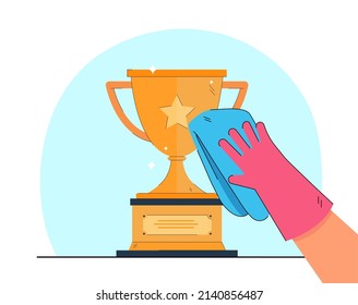 Hand in glove polishing shiny gold cup. Trophy, prize or award for winning contest or competition flat vector illustration. Hygiene, victory, success concept for banner, website design or landing page