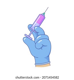 Hand in glove pressing syringe ready to inject shot. Injection syringe with needle, medical equipment. Vaccination or medical injection vector illustration on white background