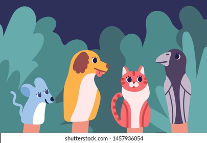 Hand or glove puppets of animals manipulated by puppeteer. Traditional entertaining theater performance and storytelling for children with fairytale characters. Flat cartoon vector illustration.