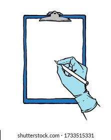 Hand in glove putting the signature on the document. Vector hand drawn illustration on a white background.