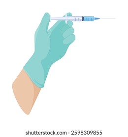 A hand, gloved in blue latex, grips a syringe, ready for use in a healthcare environment