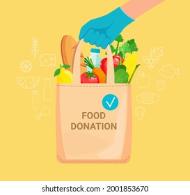 Hand in gloves with bag full of donation food, charity and solidarity during covid-19 pandemic. Volunteers help needy, poor, old, homeless and sick people.Grocery donation concept.Vector illustration.