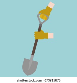 hand with gloves handle shovel digging, illustration for gardening and mining concept, flat design vector