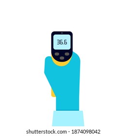 Mano con guantes sosteniendo termómetro electrónico distante. Compruebe la temperatura del cuerpo del control. Prevención del coronavirus. Ilustración plana del vector