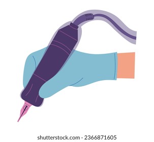 Hand in gloves holding modern pen like tattoo or pmu machine, covered with a sterile sleeve. Isolated vector illustration