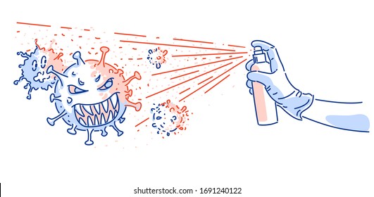 Hand in gloves holds bottle of antiseptic spray. Medical sanitizer spray bottle against corona virus strain cells cartoon vector illustration, antibacterial disinfection, COVID-19 pandemic prevention