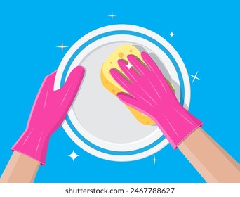 Hand in gloves with sponge wash plate. Cleaning service. Washing sponge. Kitchenware scouring pads. Kitchen and bath cleaning tool accestories. Dishwashing. Vector illustration in flat style