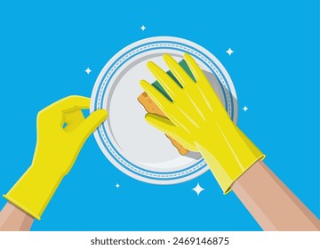 Hand in gloves with sponge wash plate. Cleaning service. Washing sponge. Kitchenware scouring pads. Kitchen and bath cleaning tool accestories. Dishwashing. Vector illustration in flat style