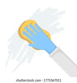 Mano en guantes con pared de lavado de esponjas. Ilustración vectorial. Eps 10.