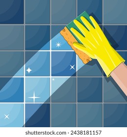 Mano en guantes con esponja lavar la pared en el baño o la cocina. Servicio de limpieza. Esponja de lavado. Almohadillas de fregar de utensilios de cocina. Accesorios de herramientas de limpieza de cocinas y baños. Ilustración vectorial en estilo plano