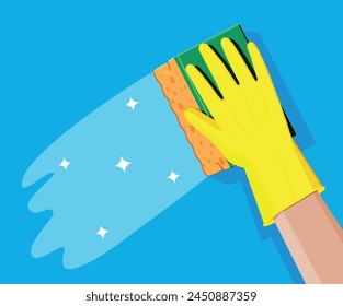 Hand in Gloves with Sponge Wash Wall. Cleaning Service Concept. Washing Sponge. Kitchenware Scouring Pads. Kitchen and Bath Cleaning Tool Accessories. Vector Illustration in Flat Style