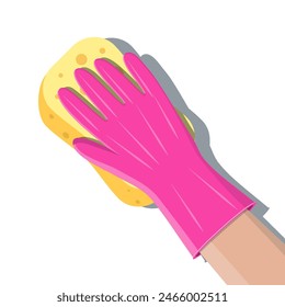 Hand in gloves with sponge wash wall in bathroom or kitchen. Cleaning service. Washing sponge. Kitchenware scouring pads. Kitchen and bath cleaning tool accestories. Vector illustration in flat style